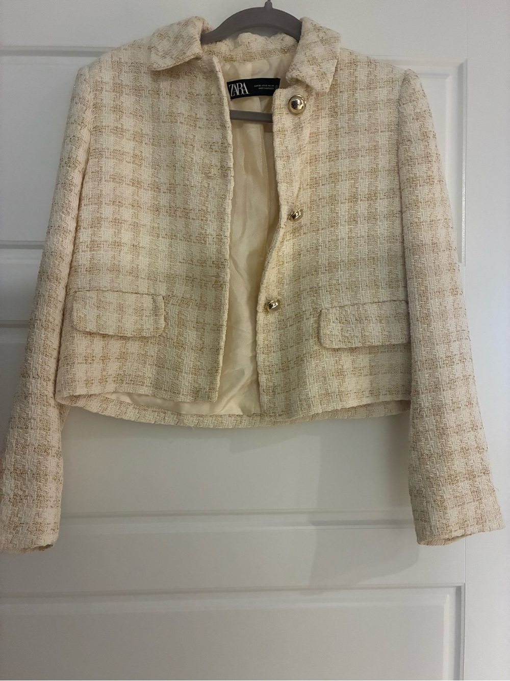 Zara Cream & Gold Tweed Cropped Jacket Blazer Size XS | Quiet Luxury